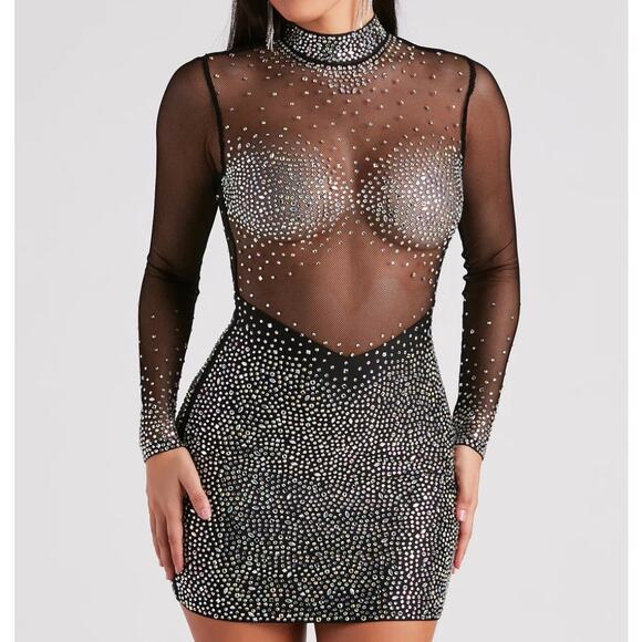 Windsor Women's Tate Rhinestone Party Dress Mesh Black Size S Zip Up - Picture 1 of 8